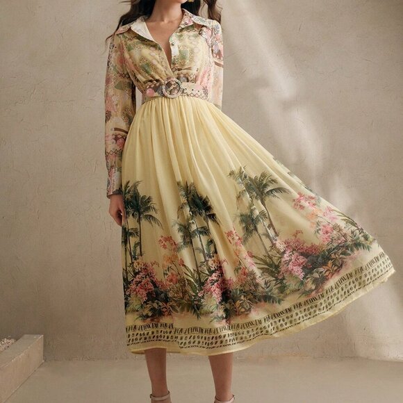 Yellow Boho Women's Floral Print Sleeve Cinched Waist Maxi Dress - Picture 7 of 7